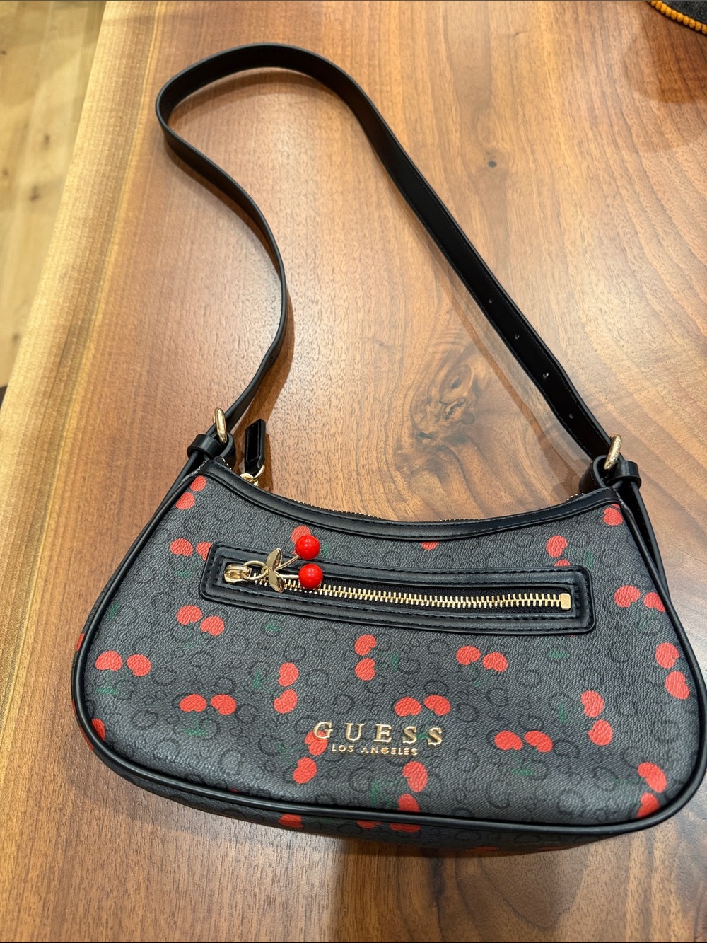 GUESS Black Crossbody Bag with Red Cherry Print